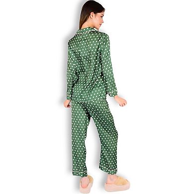 Women's Polka Dot Satin Pajama Set with Ruffled Cuffs and Piping Detail