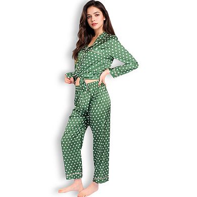 Women's Polka Dot Satin Pajama Set with Ruffled Cuffs and Piping Detail