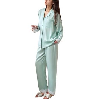 Women's Satin Long Sleeve Button Down Pajama Set with Chest Pocket and Lace Trim Hem Details