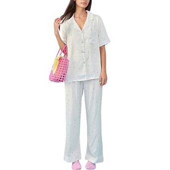 Women's Short Sleeve Button-Down Satin Pajama Set with Allover Mini Dot Print and Wide Leg Pants