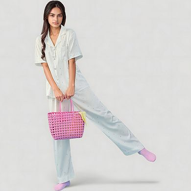 Women's Short Sleeve Button-Down Satin Pajama Set with Allover Mini Dot Print and Wide Leg Pants