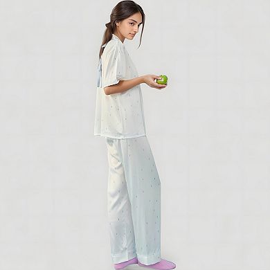 Women's Short Sleeve Button-Down Satin Pajama Set with Allover Mini Dot Print and Wide Leg Pants