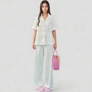 Women's Short Sleeve Button-Down Satin Pajama Set with Allover Mini Dot Print and Wide Leg Pants