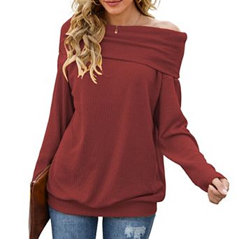 Women's Off Shoulder Ribbed Knit Long Sleeve Pullover Top