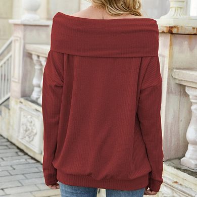 Women's Off Shoulder Ribbed Knit Long Sleeve Pullover Top
