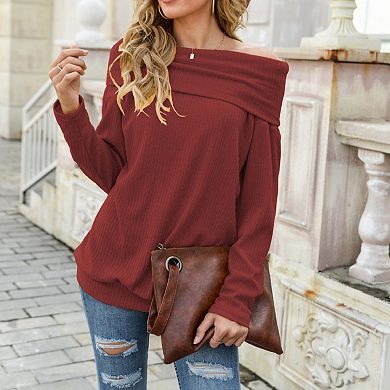 Women's Off Shoulder Ribbed Knit Long Sleeve Pullover Top