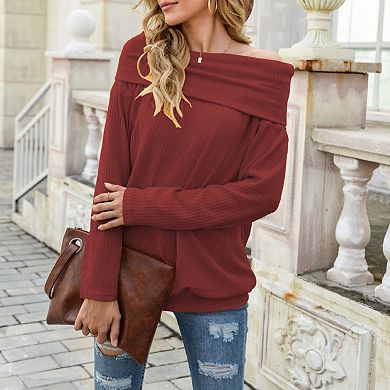 Anna-Kaci Women's Off-Shoulder Ribbed Knit Long Sleeve Top with Foldover Neckline