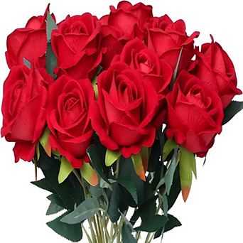 SITUMEIZI 15 pc Red Artificial Rose Silk Flowers Fake Rose Realistic Bouquet Long