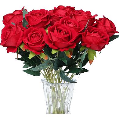 SITUMEIZI 15PCS Red Artificial Rose Silk Flowers Fake Rose Realistic Bouquet Long