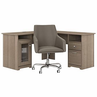 Bush Furniture 60W L Shaped Computer Desk with Mid Back Leather Box Chair Ash Gray