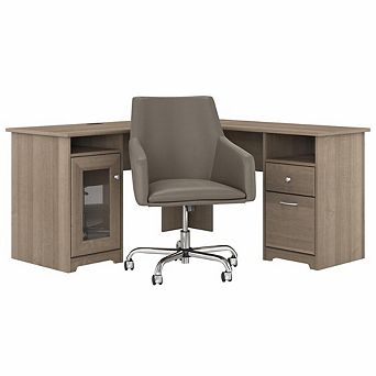 Bush Furniture 60W L Shaped Computer Desk with Mid Back Leather Box Chair Ash Gray