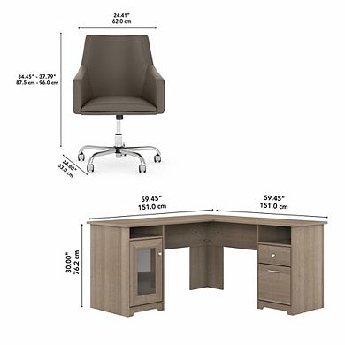 Bush Furniture 60W L Shaped Computer Desk with Mid Back Leather Box Chair Ash Gray