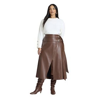 ELOQUII Women's Plus Size Double Belt Wrap Faux Leather Skirt