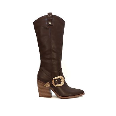 Yoki Muriel-71 Women's Tall Western Buckle Heel Boots