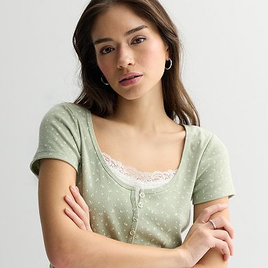 Juniors' Pink Republic Short Sleeve Henley Twofer Top