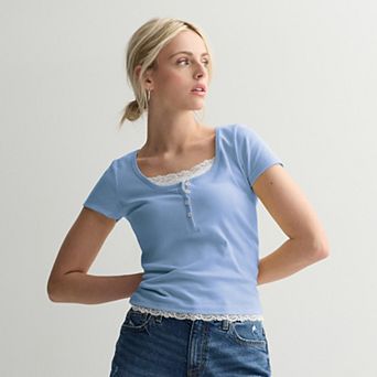 Juniors' Pink Republic Short Sleeve Henley Twofer Top