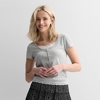 Juniors' Pink Republic Short Sleeve Henley Twofer Top