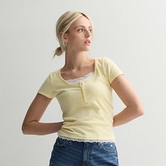 Juniors' Pink Republic Short Sleeve Henley Twofer Top