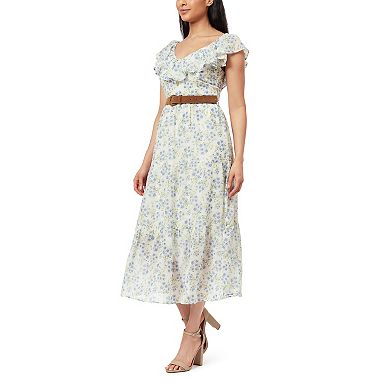 Juniors' WallFlower Petunia Belted Ruffle Neck Maxi Dress