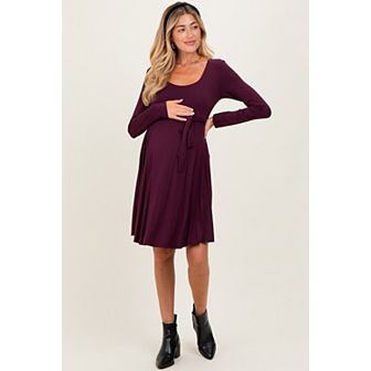 Scoop Neck Long Sleeve Waist Tie Dress