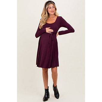 Maternity Scoop Neck Long Sleeve Waist Tie Dress