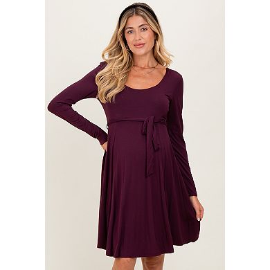 Maternity Scoop Neck Long Sleeve Waist Tie Dress