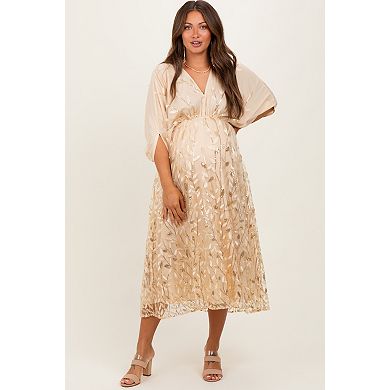 Maternity Embroidered Tulle Dolman V-Neck Midi Dress