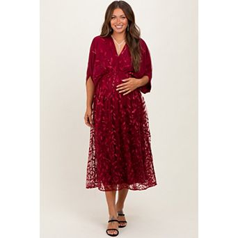 Maternity Embroidered Tulle Dolman V-Neck Midi Dress