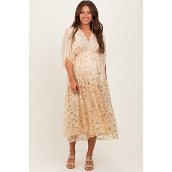 Maternity Embroidered Tulle Dolman V-Neck Midi Dress