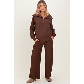 Maternity Ribbed Half Zip Pullover Wide Leg Pant Set