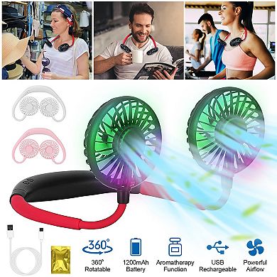 Hands-Free Neck Fan, 360° Dual Cooling USB Rechargeable with LED & Aroma
