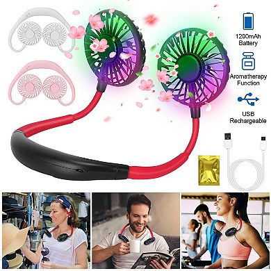 Hands-Free Neck Fan, 360° Dual Cooling USB Rechargeable with LED & Aroma