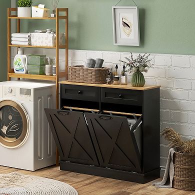 Homcom Tilt Out Laundry Hamper Cabinet With 2 Baskets And 2 Drawers