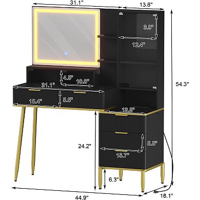 Makeup Vanity Desk with Lights & Power Outlet, Big Modern Fluted Vanity Desk