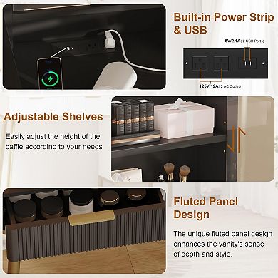 Makeup Vanity Desk with Lights & Power Outlet, Big Modern Fluted Vanity Desk