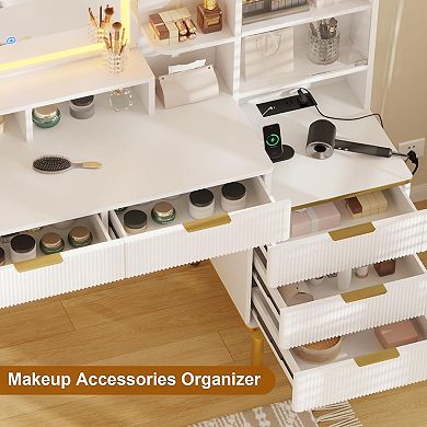 Makeup Vanity Desk with Lights & Power Outlet, Big Modern Fluted Vanity Desk