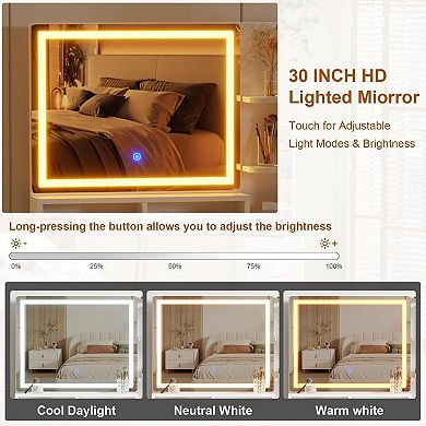 Makeup Vanity Desk with Lights & Power Outlet, Big Modern Fluted Vanity Desk