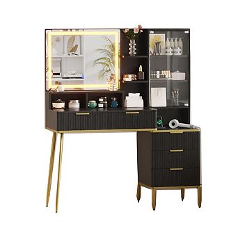 Makeup Vanity Desk with Lights & Power Outlet, Big Modern Fluted Vanity Desk