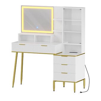 Makeup Vanity Desk with Lights & Power Outlet, Big Modern Fluted Vanity Desk