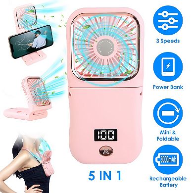 5-in-1 Folding Mini Fan, Rechargeable Neck & Handheld Fan with 3 Speeds