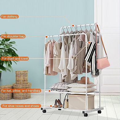 Garment Rack with Hanging Rails, Shelves & Wheels Clothes, Shoe & Pillow Organizer Stand