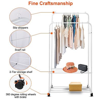 Garment Rack with Hanging Rails, Shelves & Wheels Clothes, Shoe & Pillow Organizer Stand