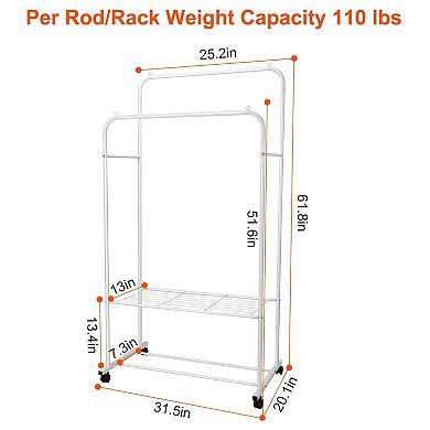 Garment Rack with Hanging Rails, Shelves & Wheels Clothes, Shoe & Pillow Organizer Stand