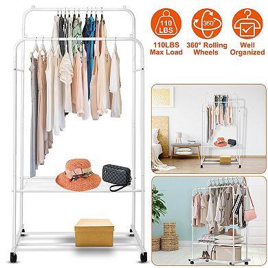 Garment Rack with Hanging Rails, Shelves & Wheels Clothes, Shoe & Pillow Organizer Stand