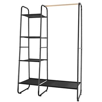 Freestanding Metal Clothes Rack, Garment & Shoe Organizer with Hanging Rail & Shelves