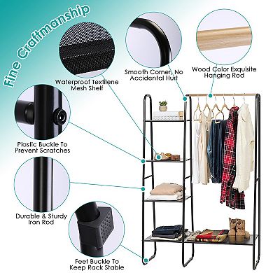 Freestanding Metal Clothes Rack, Garment & Shoe Organizer with Hanging Rail & Shelves