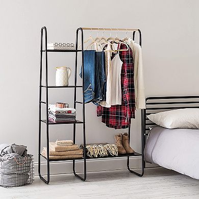 Freestanding Metal Clothes Rack, Garment & Shoe Organizer with Hanging Rail & Shelves