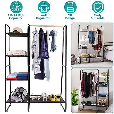 Freestanding Metal Clothes Rack, Garment & Shoe Organizer with Hanging Rail & Shelves