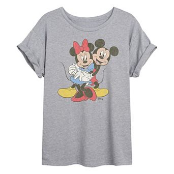Juniors' Disney's Mickey & Minnie Mouse Hug Distressed Oversized Tee