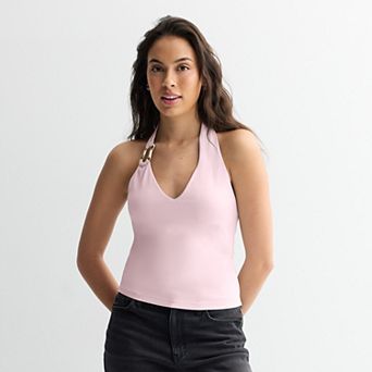 Juniors' Pink Republic Halter Tank with Hardware